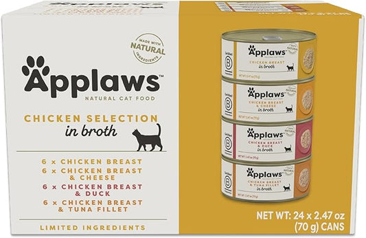 Applaws Natural Wet Canned Cat Food, Limited and Natural Ingredients, High Protein with No Artificial Additives, Chicken Selection Variety Pack in Broth (24 x 2.47oz Cans)