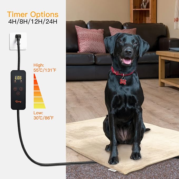 Toozey Pet Heating Pad, 6 Adjustable Temperature Dog Cat Heating Pad with Timer, Waterproof Heated Dog Bed with Chew Resistant Cord, Indoor Electric Pet Heated Mat 28x20in