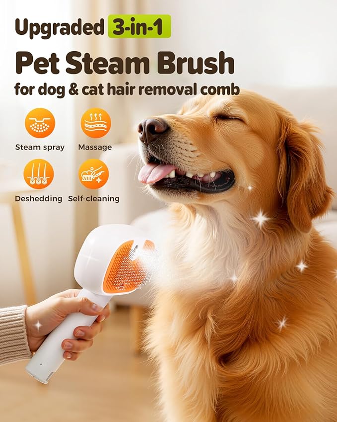 Pet Steam Brush for Dog &Cat, 3-in-1 Self-Cleaning Dog Brush Pet Spray Hair Removal Comb, 2 Spray Modes Rechargeable Deshedding Dog Steam Spray Hair Brush for Shedding Massaging Cleaning (White)