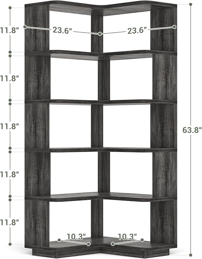 Armocity Corner Book Shelf - 6 Tier Corner Bookshelf Etagere Bookcase with Baffle, Freestanding L Shaped Display Shelf Stand for Home Office, Living Room, Bedroom, Kitchen, Grey Oak