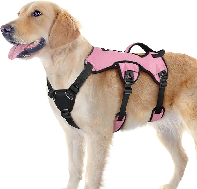 rabbitgoo Escape Proof Dog Harness Large Dogs, Soft Padded Full Body Pet Harness, Reflective Adjustable No Pull Vest with Lift Handle and Leash Clip for Walking Hiking Training, Light Pink, L