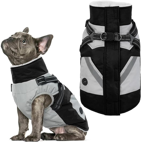 IECOii Dog Coat with Harness Built in - Black, Large - Waterproof Winter Coat, Fleece Lined Snow Jacket for Dogs