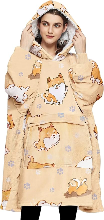 KFUBUO Wearable Blanket Hoodie for Adults Sherpa All Patterns Dog Oversized Sweatshirt Blanket with Pockets for Mom