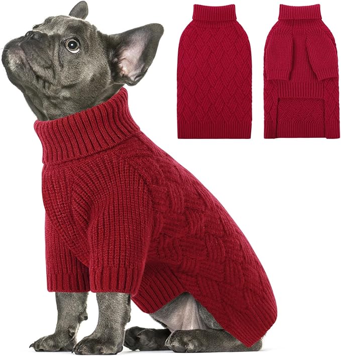 SUNFURA XS Dog Sweater, Small Dog Sweater Doggie Knitted Knitwear for Winter, Cat Pullover Christmas Sweatshirt for Yorkie Chihuahua, Warm Thick Turtleneck Clothes for Puppy, Red X-Small
