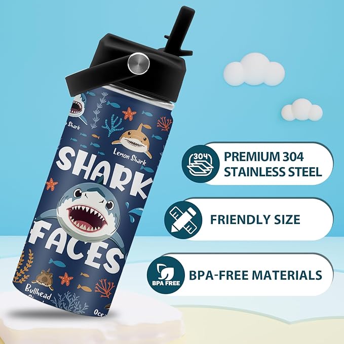 Shark Gifts, 16 oz Water Bottle with Straw Lid, Stainless Steel Insulated Tumbler, Cute Shark Water Bottles for Shark Lovers, Ocean Animals Lovers Gifts Cups
