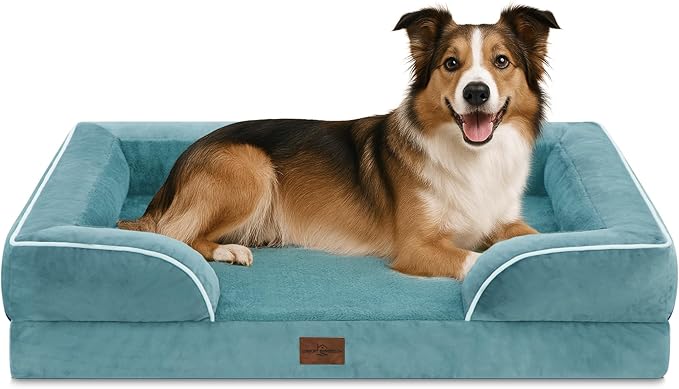 Comfort Expression Orthopedic Dog Bed for Large Dogs 38x25 Inch, Waterproof Supportive Egg Crate Foam Large Pet Bed with Removable Bolster, Dog Couch with Washable Cover & Non-Slip Bottom, Washed Blue
