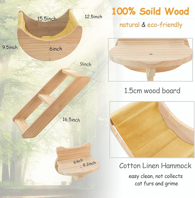 Cat Shelf for Wall Hammock Climbing Shelves and Perches Solid Wood Cat Steps for Activity Indoor Cats Wall Furniture 3pcs/Set