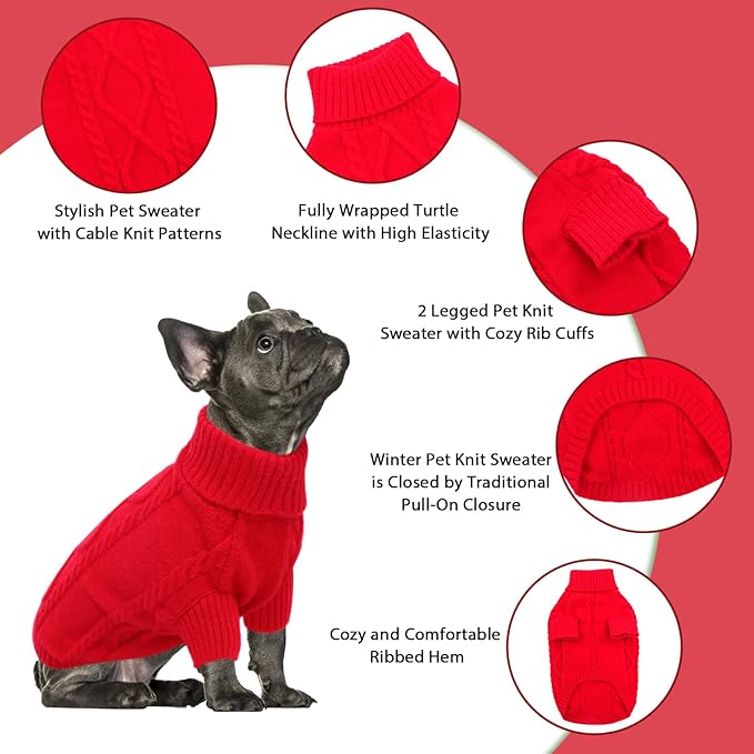 Queenmore Small Dog Pullover Sweater, Cold Weather Cable Knitwear, Classic Turtleneck Thick Warm Clothes for Chihuahua, Bulldog, Dachshund, Pug (Red, Large)