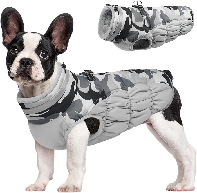 FUAMEY Dog Coat for Small Dogs,Waterproof Dog Winter Jacket with Harness Built in Puppy Cold Weather Coats Reflective Pet Vest with Zipper Warm Fleece Dogs Snowsuit Windproof Grey Camo S