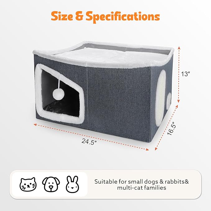 Heated Cat House for Indoor, Large Cat Bed with Heating Pad, Adjustable Temperature&Timing, with Fluffy Ball Hanging and Scratch Pad, Foldable Pet Hideaway for Small Medium and Large Cats (XXL)