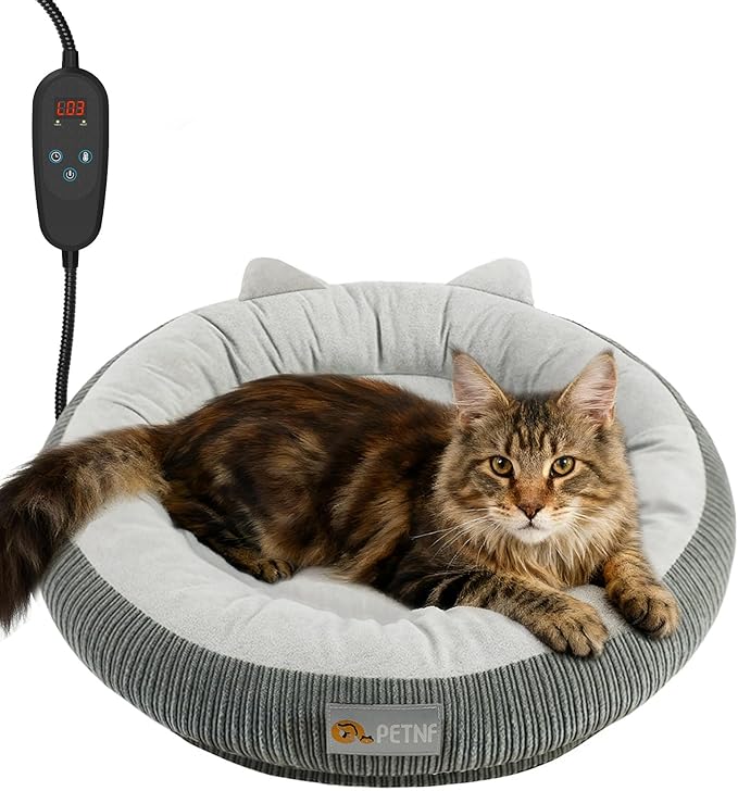 Heated Cat Bed Indoor Pets – Adjustable Temperature 86-131℉ Cat Heating Pad with Timer, Chew Resistant 87 Inch Cord, Washable Cover, Round Cozy Donut Pet Bed for Small Cats Kittens Dogs