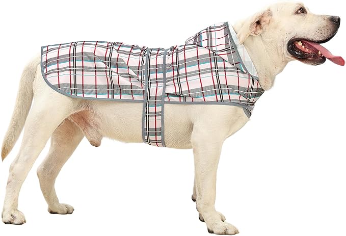 Dog Rain Coat for Large Dogs Waterproof Hooded Rain Jacket with Reflective Strips Leash Hole & Poncho Adjustable Fit (Plaid,XL)