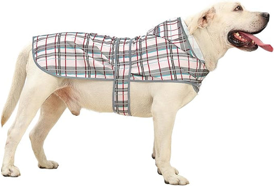 Dog Rain Coat for Large Dogs Waterproof Hooded Rain Jacket with Reflective Strips Leash Hole & Poncho Adjustable Fit (Plaid,XL)