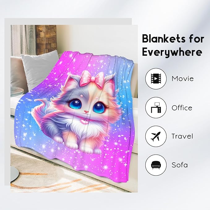 Girls Blanket Gifts - Blanket with Cat for Cat Lovers - Comfy Cozy Flannel Throws for Couch, Office 30"x40"