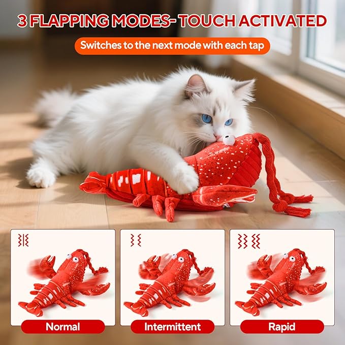Flappy Lobster Cat Toy, Interactive Flapping Cat Toys for Indoor Cats, Touch Activated Pet Toys with Refillable Catnip, USB Rechargeable