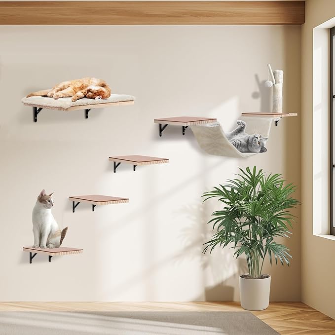 Cat Wall Shelves, Solid Wood Cat Wall Furniture Set, with Cats Bed, Hammock, Felt Ladder, Sisal Scratching Post & Ball (Beige)