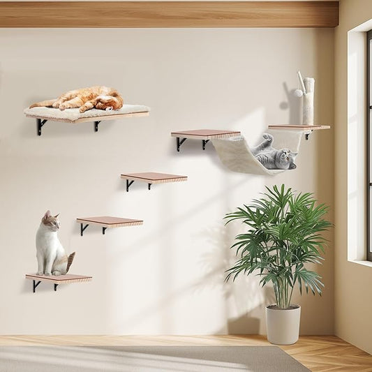 Cat Wall Shelves, Solid Wood Cat Wall Furniture Set, with Cats Bed, Hammock, Felt Ladder, Sisal Scratching Post & Ball (Beige)