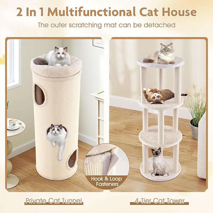Tangkula 4 Story Cat Tree Condo, 49” Barrel-Shaped Cat House with Detachable Sisal Scratching Board, 3 Hideaways & Removable Soft Top Plush Bed, Interior Bamboo Mat, Modern Cat Tower for Indoor Cats