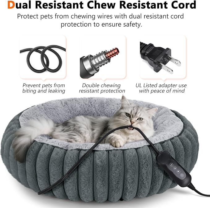 INVENHO Heated Cat Beds for Indoor Cats and Small Dogs, 20" Cozy Donut Heated Pet Bed with Timer & Temp Adjustable, Removable Waterproof Electric Warming Bed for Indoor Cat
