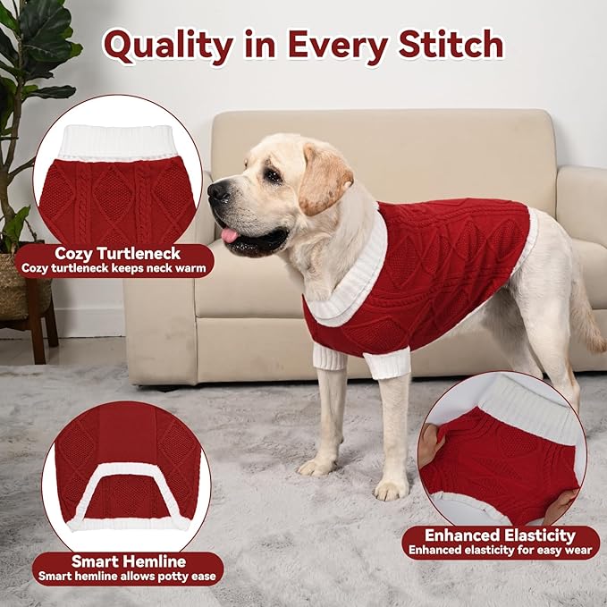 Dog Sweater for Large Dogs Argyle Cable Knit Turtleneck Pullover Winter Clothes Boys Girls Stretch Golden Retriever Labrador Bulldog Pitbull Doberman Pet (XL, Red)