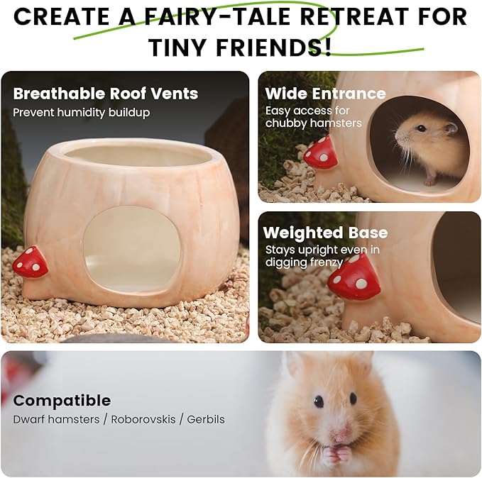 Ceramic Hamster Hideout, Hamster Water Bottle Holder and Food Bowl, Red Ceramic Mushroom House Design– Complete Cage Accessories for Small Animal cage Decorations