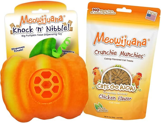 Meowijuana Knock N' Nibble Pumpkin & ChickenTreat Bundle | Crunchie Munchie Catnip Treats | Refillable Treat Dispensing Toy | Interactive Puzzle Toy for Felines
