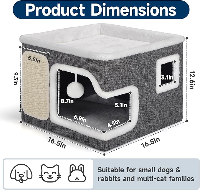 Cat Beds for Indoor Cats, Large Cat Cave with Cozy Hideout, Scratch Pad, Fluffy Ball Hanging, Foldable Cat Hideaway Hold Up to 30LBS, Indoor Cat House with Reversible Soft Cushions for All Seasons