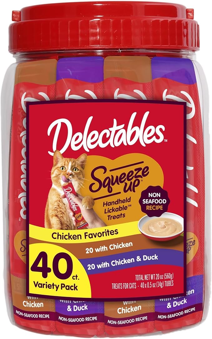 New! Delectables Squeeze Up Non-Seafood Chicken Variety Pack, Creamy Squeezable Puree, Lickable Wet Cat Treats, Grain-Free, No Added Fillers, 0.5 Ounces Tube, 40 Tubes Total