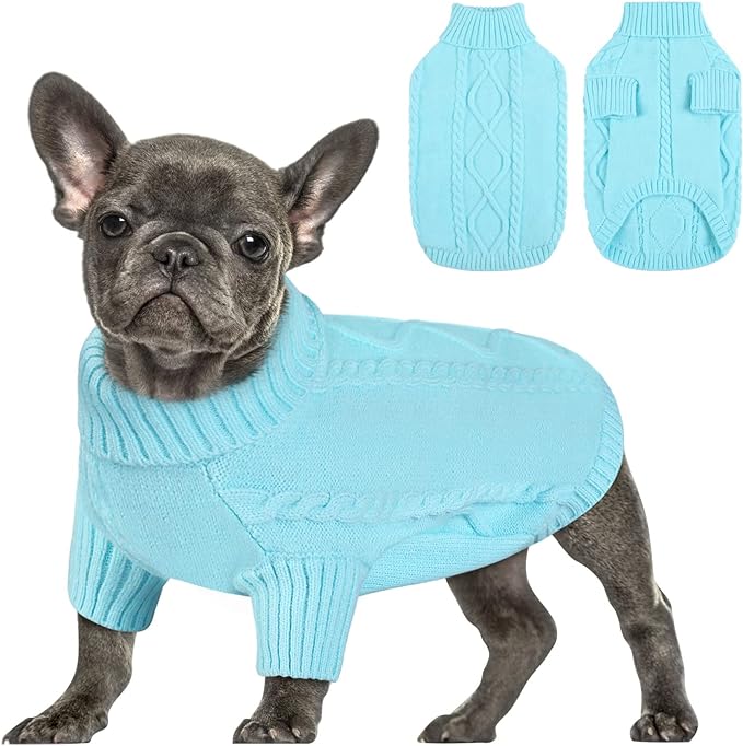 Queenmore Small Dog Pullover Sweater, Cold Weather Cable Knitwear, Classic Turtleneck Thick Warm Clothes for Chihuahua, Bulldog, Dachshund, Pug (Sky Blue, Medium)