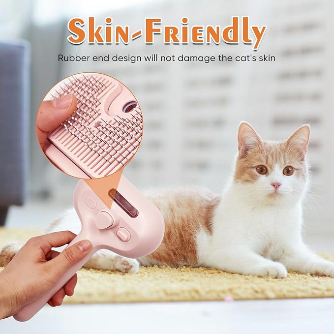 Cat Steam Brush with Release Button, Pet Spray Brushes for Shedding & Grooming, Mist Comb for Pet Long Short Haired, Steamy Brush for Cats Removing Loose Fur and Massage (Pink)