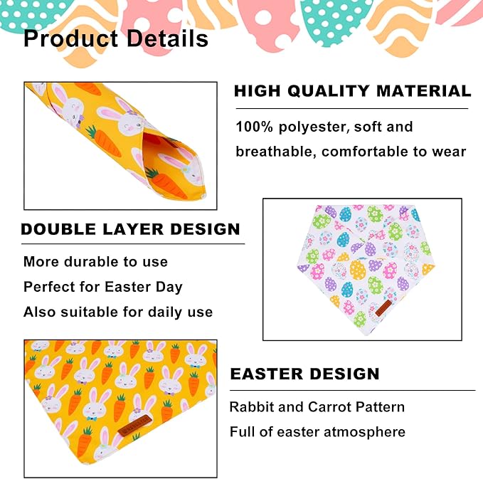 ADOGGYGO Easter Dog Bandana, Egg Rabbit Carrot Pet Scarf, Premium Durable Fabric, White Orange Easter Bandanas for Small Dogs Pets (Small)