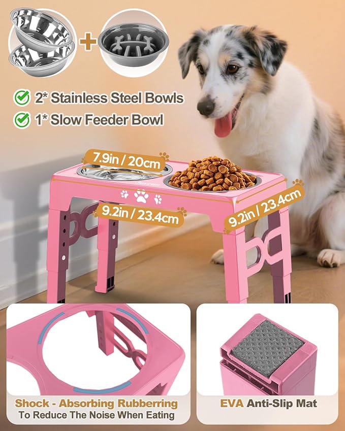 Elevated Dog Bowls, Dog Feeder with 2 Stainless Steel Dishes &1 Slow Feeder Bowl, 5 Heights Adjustable Raised Stand for Medium Large, Food Dishes with Non-Slip Feet