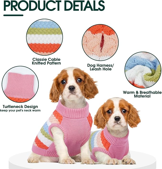 Kuoser Dog Sweater, Pet Cable Knitted Pullover Puppy Warm Clothes, Doggy Turtleneck Classic Knitwear Soft Thickening Doggie Outfit, Cold Weather Thermal Wear for Large Size Dogs, Pink 2XL