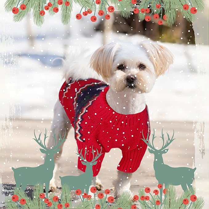 Queenmore Christmas Dog Sweater, Knitted Pullover Turtleneck Outfit, Warm Clothes for Small Dogs Boys or Girls S