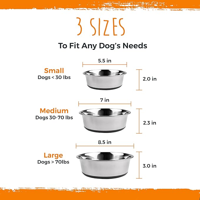 Mighty Paw Stainless Steel Dog Bowls - Steel Bowl Set - Pack of 2 - Non-Slip Rubber Bottom - No Spill Design - Safe Dog Food - Dishwasher Safe - Suitable for Small to Large Pets - Medium - 7 Inches