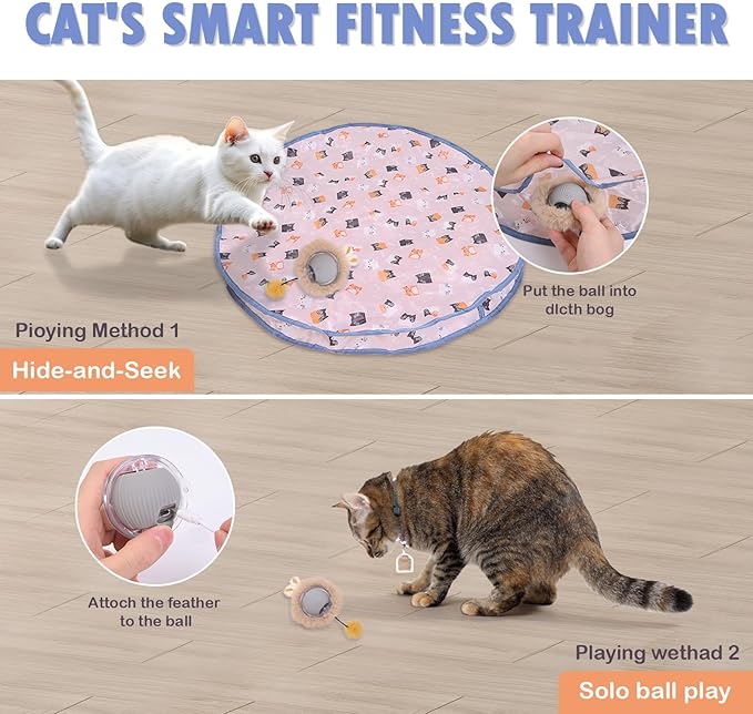 Interactive Cat Toys, Fast Rolling Ball in Play Mat, Automatic Motion Activated Moving Ball Hide and Seek Mouse Catching Game, 28" Play Mat for Cat,LED Lights, Auto On/Off