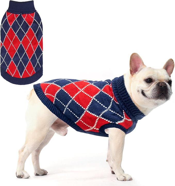 KOOLTAIL Dog Sweater, Knit Turtleneck Cold Weather Dog Sweaters for Small Medium Large Dogs, Soft Diamond Plaid Pullover Knitwear Pet Winter Warm Clothes, Pet Coat Puppy Sweater for Girls Boys L