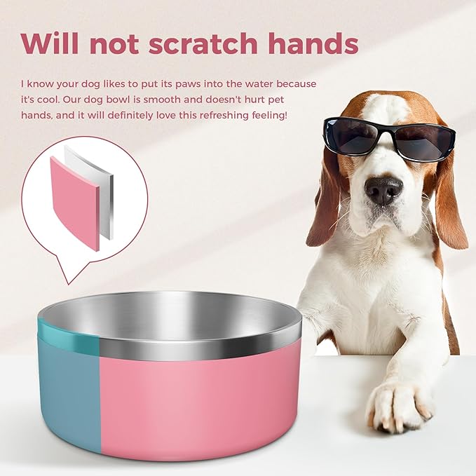 Dog Bowl, Stainless Steel Dog Food and Water Bowl with Non Slip Quiet Bottom, Easy to Clean, Dishwasher Safe, 40oz, Pink