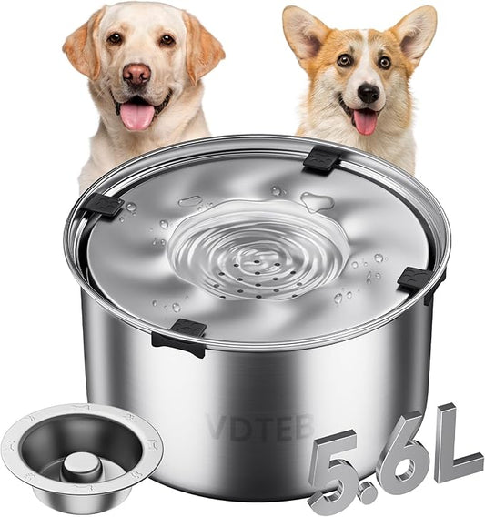 Dog Water Bowl No Spill 5.6L Stainless Steel,Spill Proof Slow Water Bowl for Dogs,Non-Slip Slobber Stopper Slow Drinking Feeder for Sloppy Messy Drinkers, Indoor and Outdoor Use