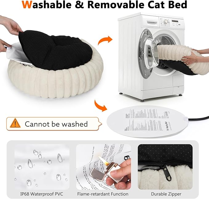 INVENHO Heated Cat Beds for Indoor Cats and Small Dogs, 20" Cozy Donut Heated Pet Bed with Timer & Temp Adjustable, Removable Waterproof Electric Warming Bed for Indoor Cat