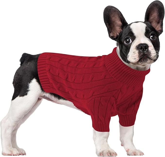 Small Dog Thermal Pullover Sweater, Classic Turtleneck Cable Knitwear Dog Clothes for Cold Weather Warm Pet Clothes for Chihuahua, Bulldog, Dachshund, Pug Red X-Large
