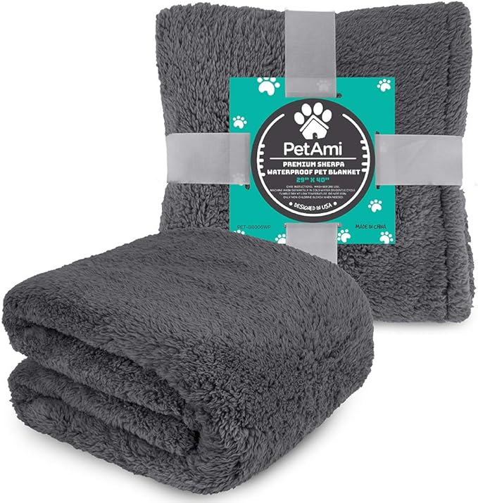PetAmi Fluffy Waterproof Dog Blanket for Small Medium Dogs, Soft Warm Pet Sherpa Throw Pee Proof Couch Cover, Reversible Cat Puppy Bed Blanket Sofa Protector, Plush Washable Pad (Grey, 29x40)