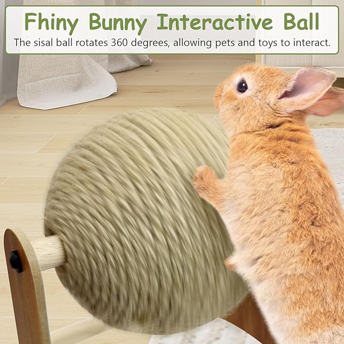 Fhiny Rabbit Scratch Toy, Natural Sisal Rabbit Scratching Ball Sisal Rope Bunny Claw Scratcher Rotating Ball Interactive Toys Nail Scratching Post for Indoor Pets Kittens Ferrets Small Animals