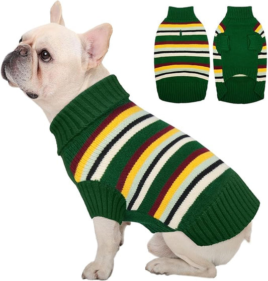 Kuoser Dog Sweater, Dog Sweaters for Medium Dogs, Doggie Christmas Clothes, Turtleneck Striped Knitwear, Pet Winter Outfit for Frech Bulldog, Boston Terrier, Green L