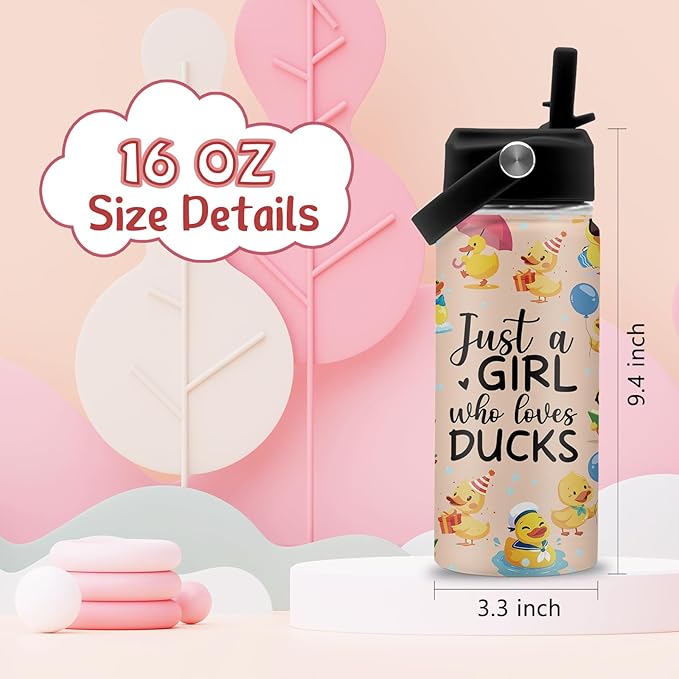 Duck Gifts, 16 oz Water Bottle with Straw Lid, Stainless Steel Insulated Water Bottles, Cute Duck Cup Gifts for Birthday Chritmas