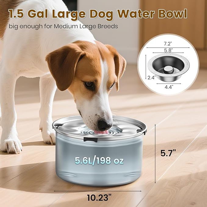 Dog Water Bowl No Spill 5.6L Stainless Steel,Spill Proof Slow Water Bowl for Dogs,Non-Slip Slobber Stopper Slow Drinking Feeder for Sloppy Messy Drinkers, Indoor and Outdoor Use