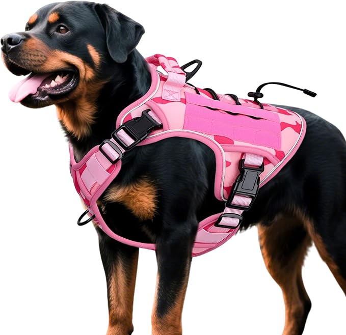 Heavy-Duty Tactical Dog Harness for Large Dogs, No Pull Adjustable Reflective Pet Vest with Molle System, K9 Military-Grade Control for Service Training, Outdoor & 10+ Breeds, Pink Camo, XX-Large