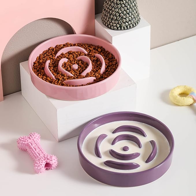 8.66 in Purple Dog Feeder Ceramic for Medium & Large Breeds, Slow Feeding Dog Food & Water Dish, Puzzle Slow Eating Bowl Modern Maze