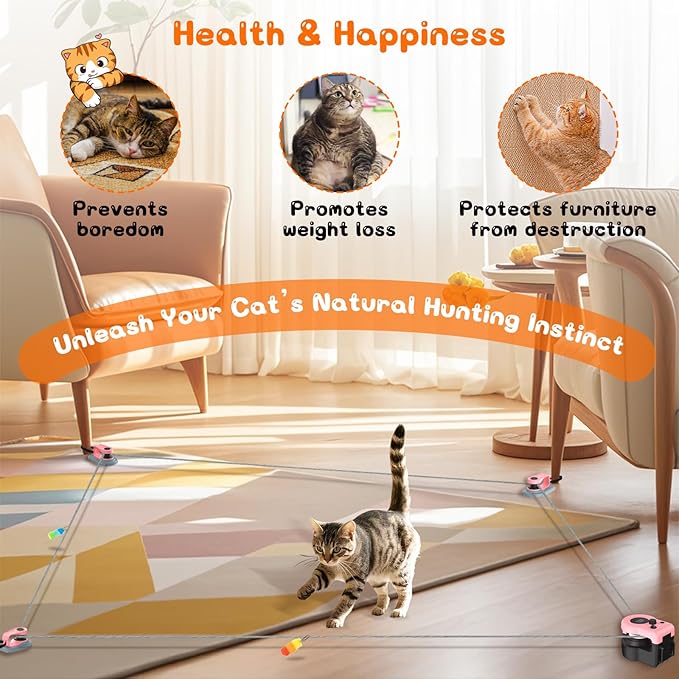 Interactive Cat Toy for Indoor - Automatic Cat Treadmill with Remote Control, 3 Speeds, Quiet Motor & Durable Design | Indoor Chase Hunting Feather Toys for Fitness, Playtime & Energy Release (Pink)