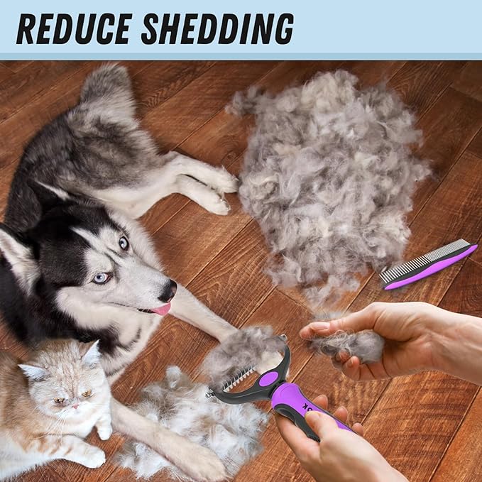 Pet Grooming Brush and Metal Comb Combo - Undercoat Rake for Dematting and Deshedding Long Matted Haired Dogs and Cats, Purple